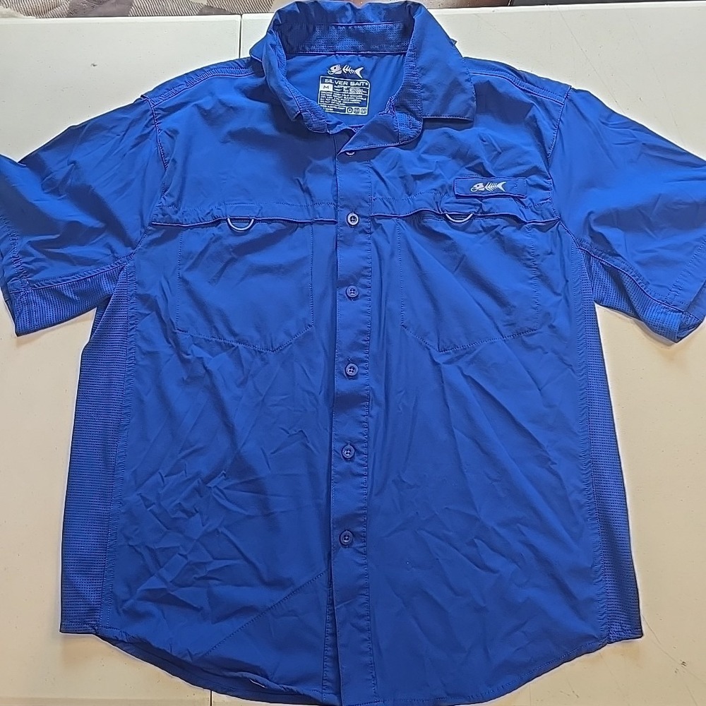 Silver Bait Button Up Shirt Mens M Short Sleeve Outdoor Vented Royal Blue Caped‎